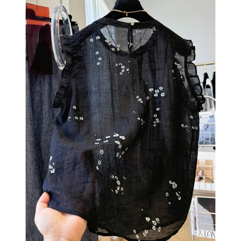 女夏季韩系减龄复古印花木耳边小飞袖蝴蝶结外穿马甲背心气质小衫