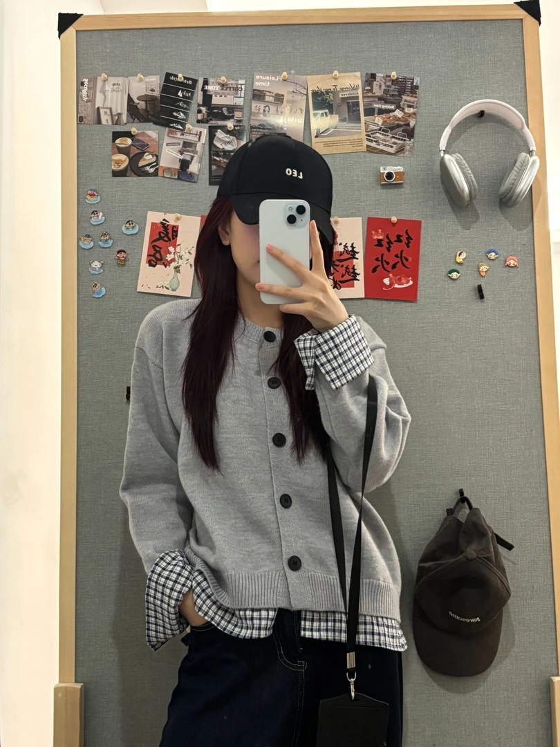 格子拼接圆领秋季毛衣长袖复古学生