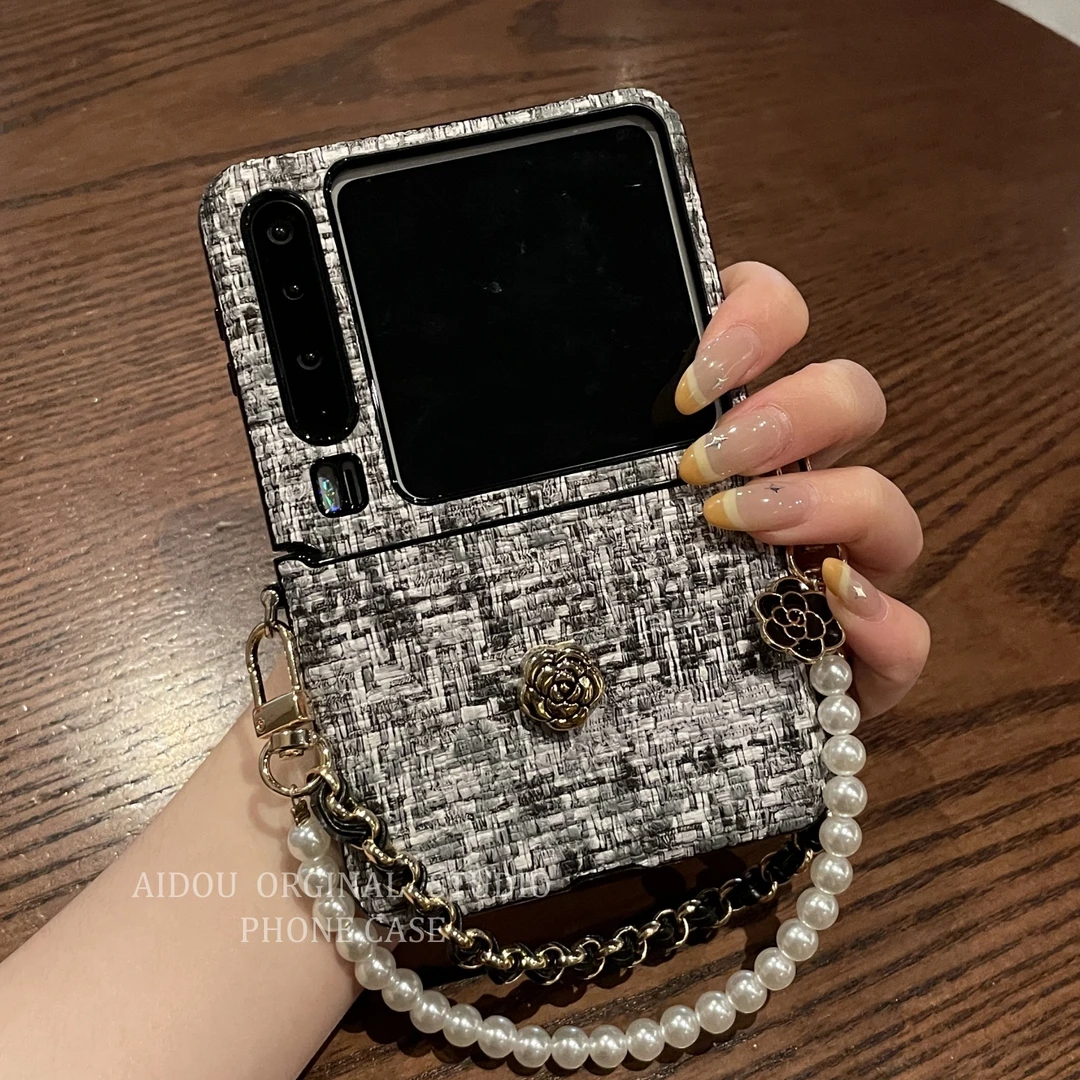 适用华为pura X典藏版阔折叠屏手机壳黑白编织纹山茶花高级保护套