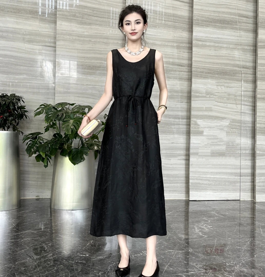 FSSIA百两 -香云纱提花全孔花萝老料国风修身显瘦百搭吊带裙5935