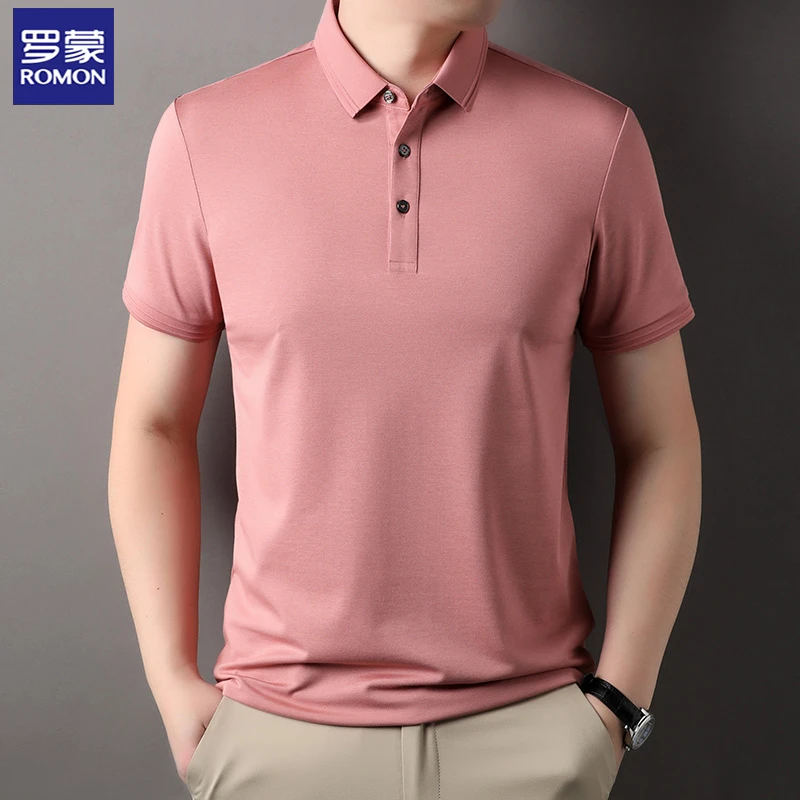 Romon/罗蒙夏季男士商务翻领短袖T恤纯色休闲薄款莫代尔高档男装