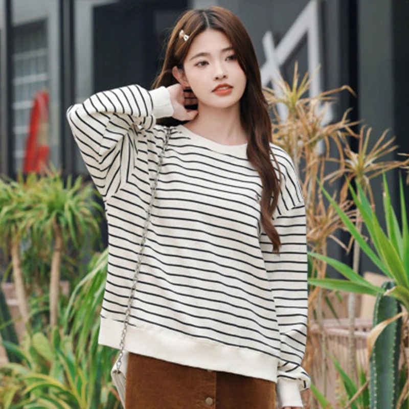 N8-51-271035卫衣长袖秋季女士条纹连帽韩版撞色条纹秋季女卫衣