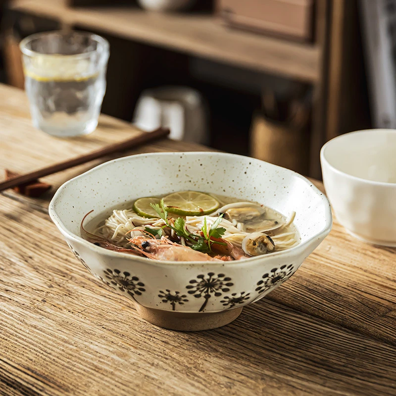 T 日式太阳花斗笠碗粗陶面碗陶瓷碗批发家用碗复古菜碗餐具大碗