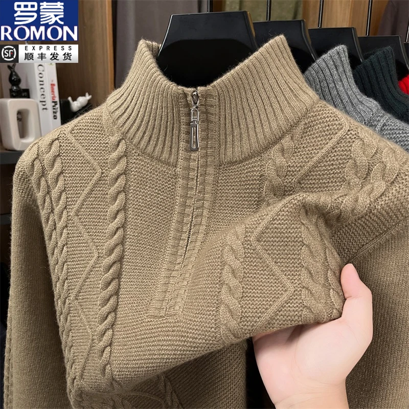 罗蒙2025秋冬季男士新款半高领拉链款加厚保暖中年针织毛衣打底衫