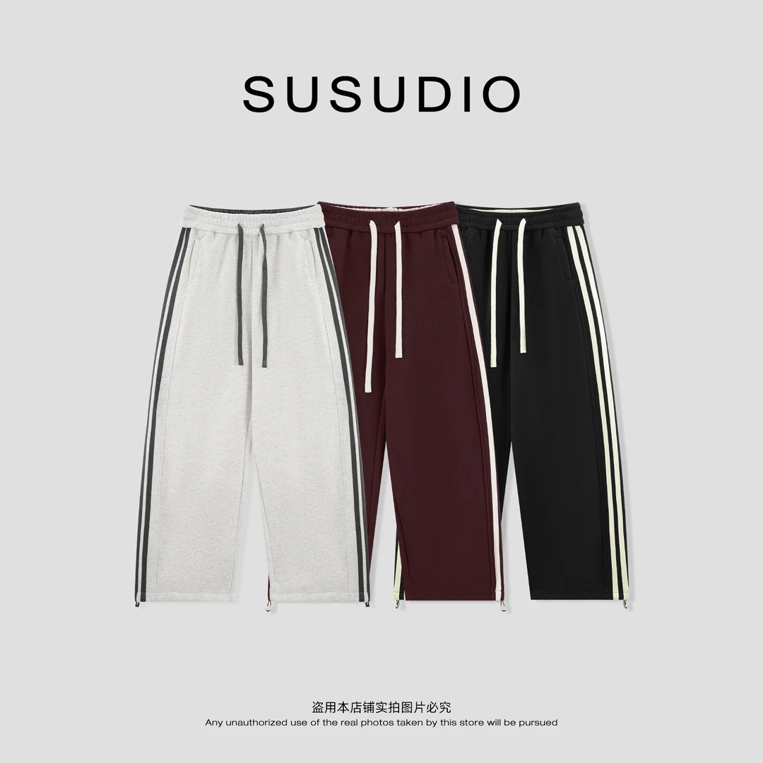 SUSUDIO 校服裤侧缝织带可调节松紧腰阔腿加绒休闲裤 40791
