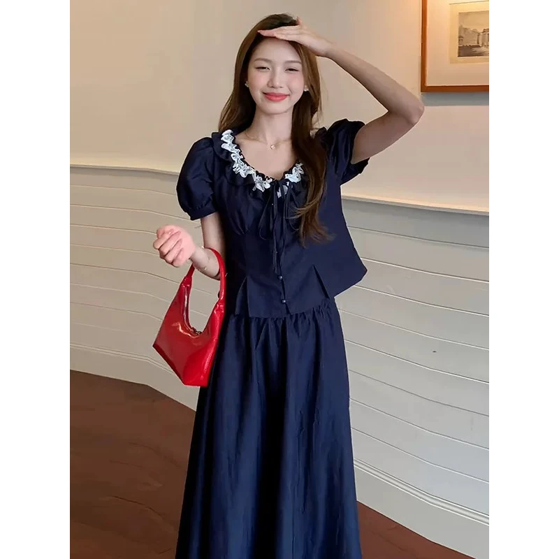 大码女装花边短袖a字半身裙两件套夏季新款胖mm显瘦搭配一整套装