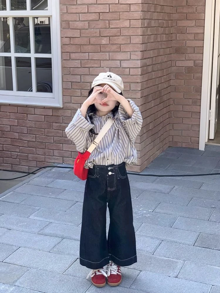 女童春装套装2025新款条纹连帽衬衫上衣宽松百搭阔腿牛仔裤两件套