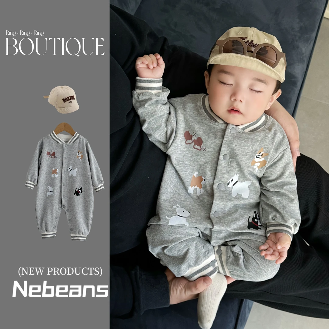 NEBEANS潮款婴幼儿连身衣外出服 男女宝韩版前开扣小狗狗哈衣爬服