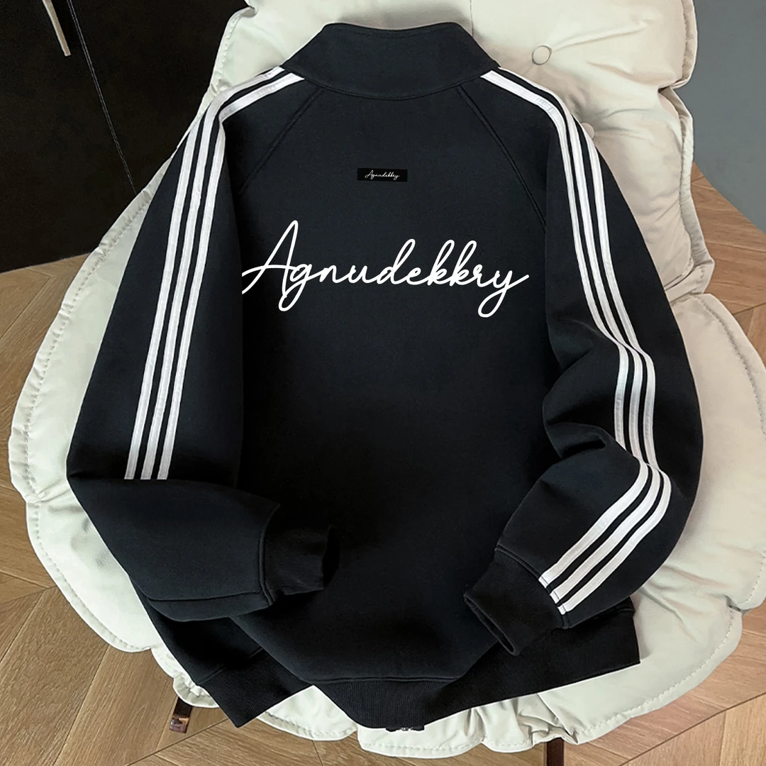 美式潮流ins字母印花三条杠开衫拉链卫衣男女秋冬季立领情侣外套