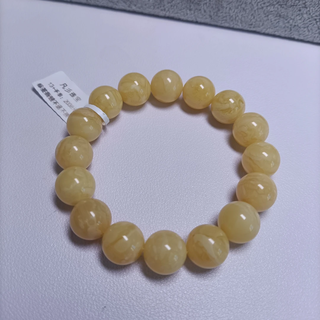 俄料蜜蜡满蜡满花13+珠径圆珠手串~3994