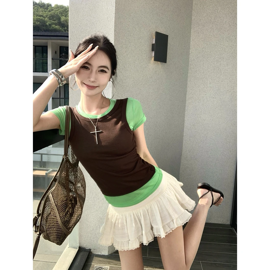 美式复古时髦撞色叠穿假两件T恤修身显瘦圆领拼接上衣女针织辣妹