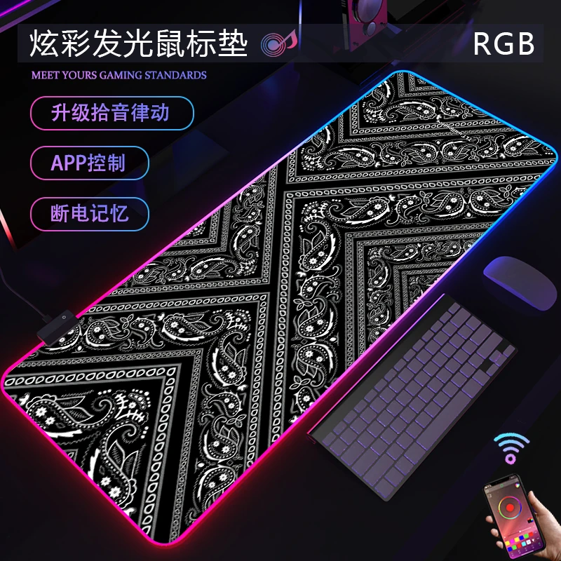 暗黑腰果花发光鼠标垫高级感潮牌纹理电竞RGB电脑办公键盘桌垫子