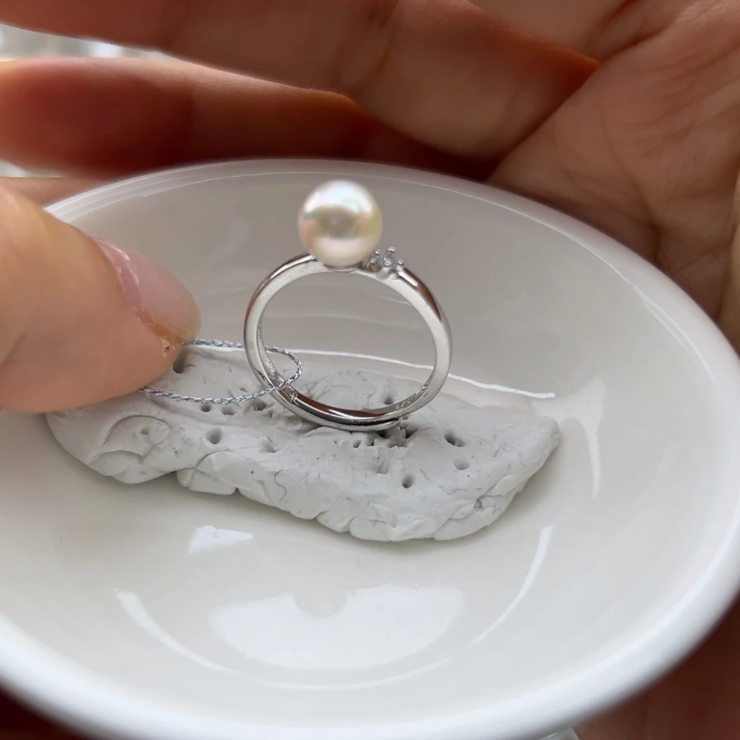 银S925镶嵌戒指海水珍珠7.3mmAk正圆樱花粉戴妃款