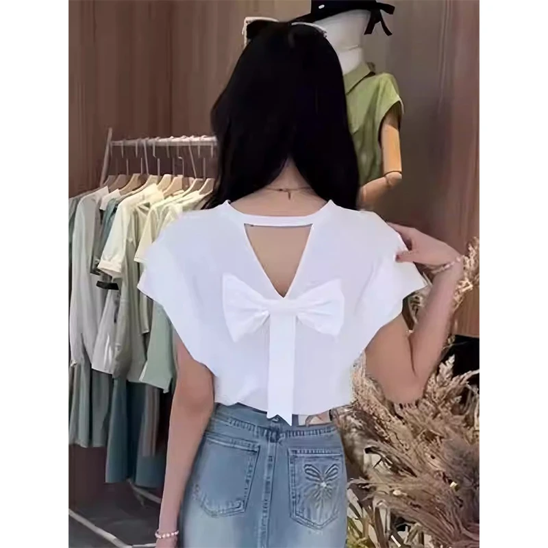 纯欲辣妹后背镂空蝴蝶结飞飞袖上衣女夏季新款时尚设计感小众上衣