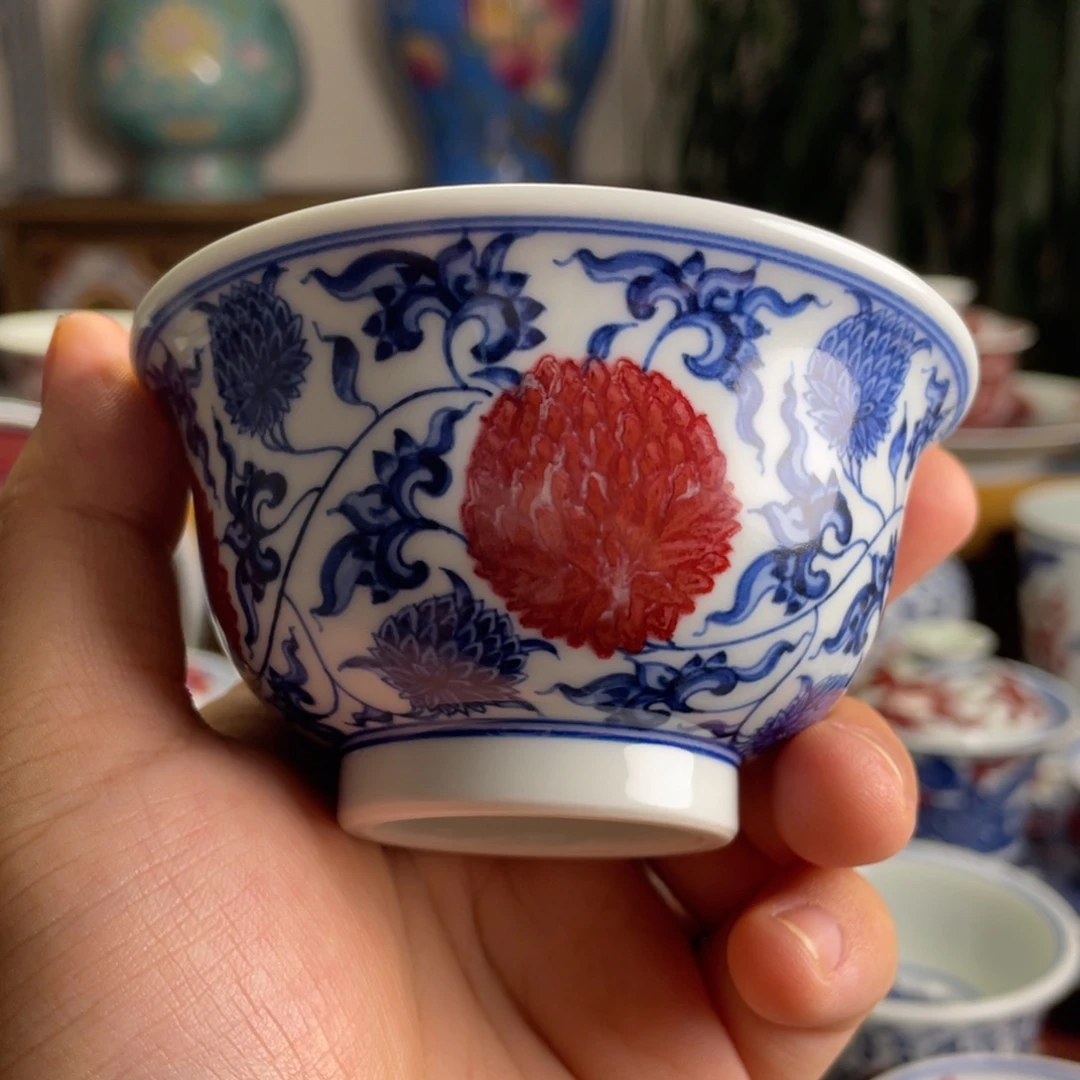 釉里红霸王团菊压手杯