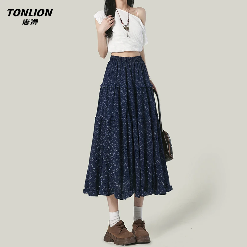 唐狮韩系深蓝色碎花蛋糕长裙女高腰宽松A字半身裙度假风绝美伞裙