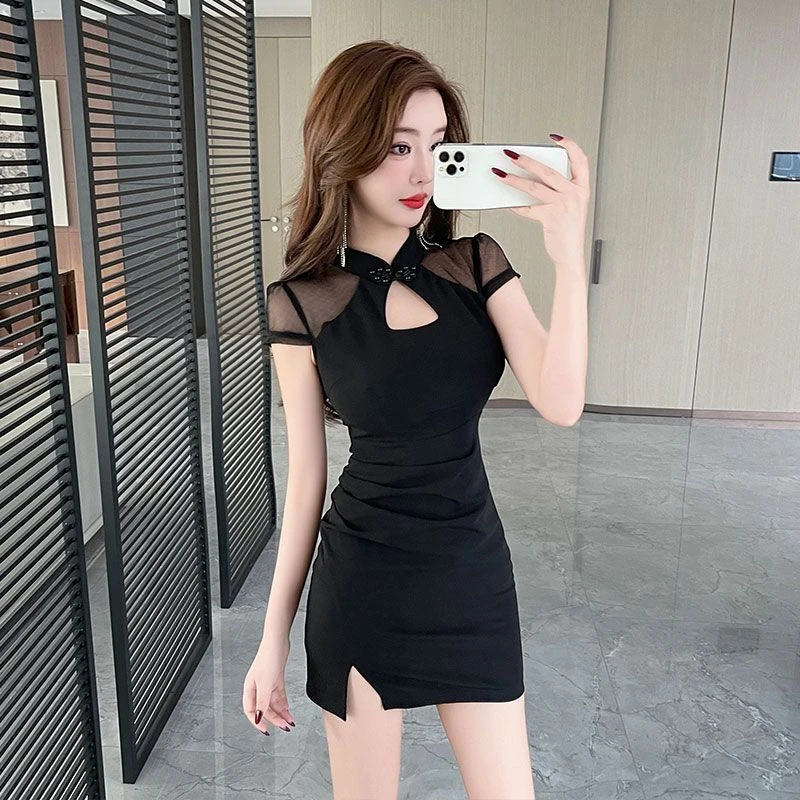 镂空性感夜店紧身连衣裙显瘦足疗工作服夏新中式足浴技师足浴旗袍