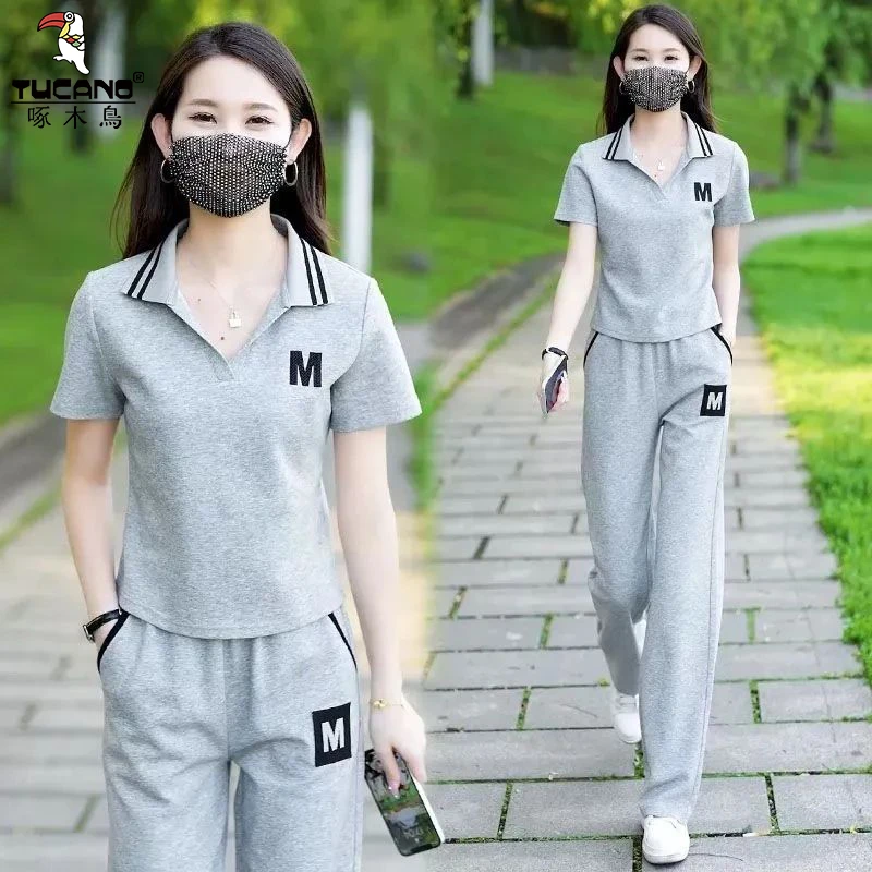 啄木鸟纯棉休闲套装女士夏季新款时尚设计感减龄短袖阔腿裤两件套