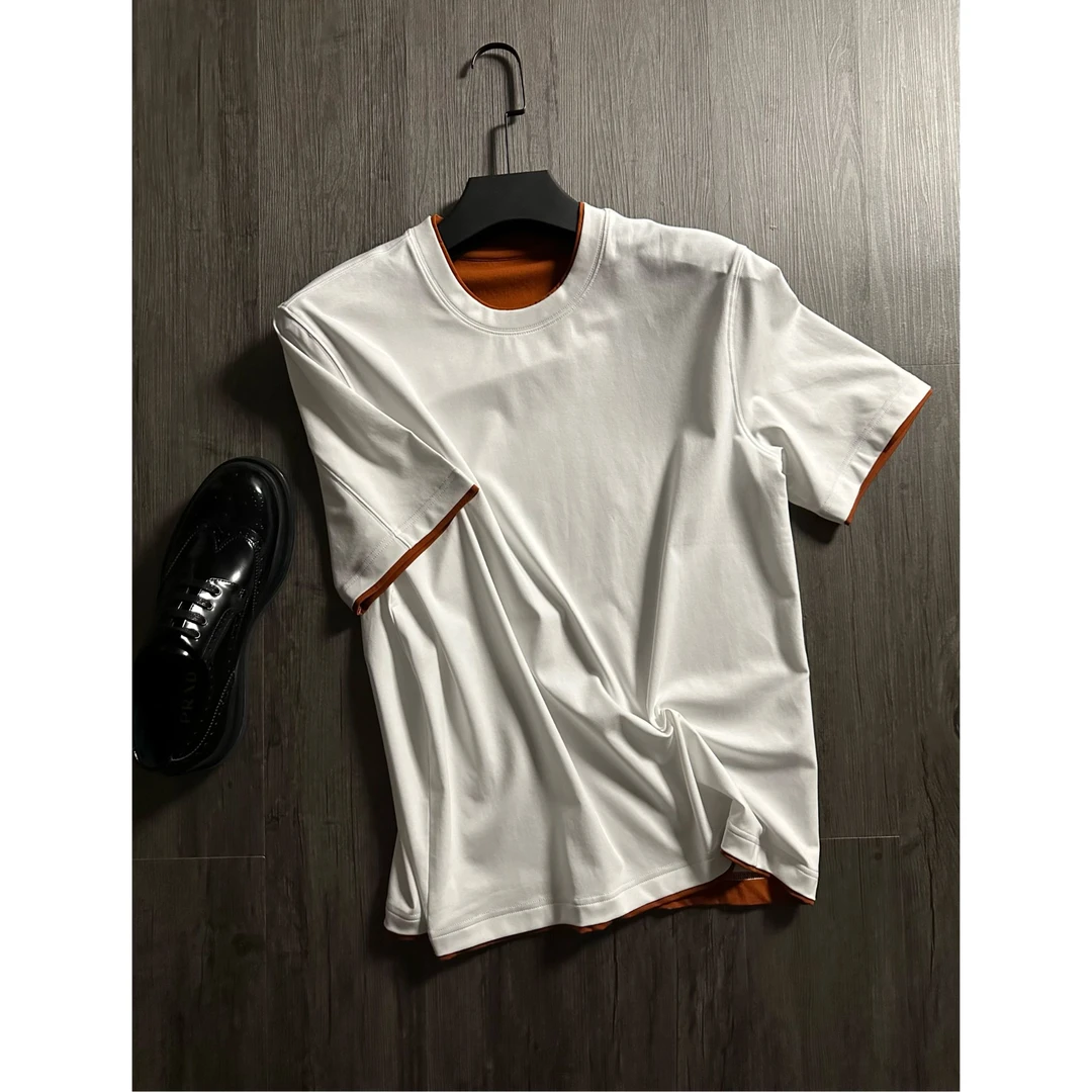 4800版 意大利老钱风 SUPIMA秘鲁长绒棉 男士零触感双色拼色素T恤