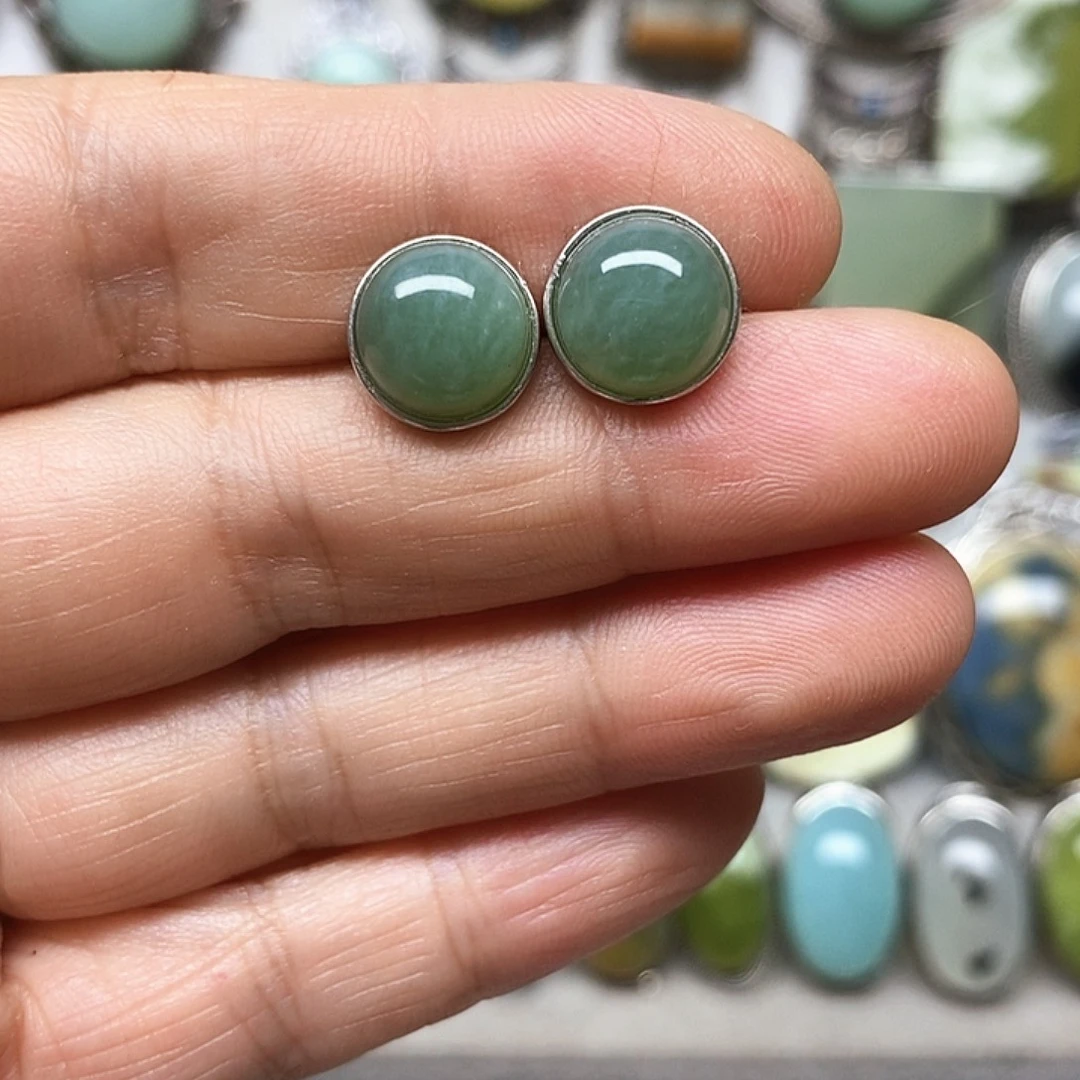 蛇纹石玉银S925镶嵌耳环