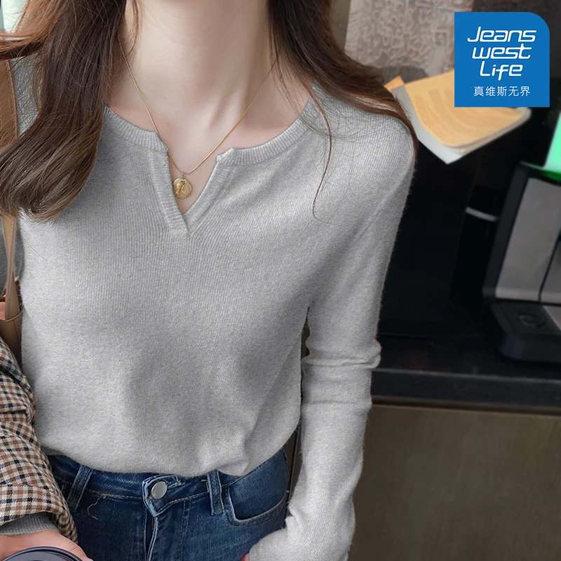 真维斯无界夏季个性浅灰V领紧身长袖T恤春秋打底时尚百搭修身显瘦