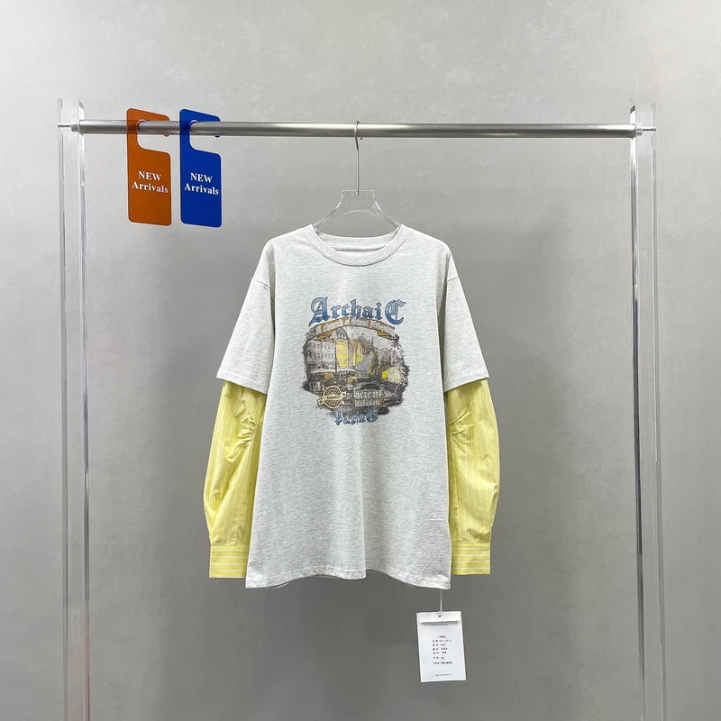 绣衣之艺春季新款美式复古印花拼接衬衫袖假两件上衣长袖T恤13631