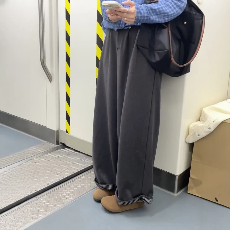 秋冬百搭神裤！遮跨显瘦磨毛阔腿裤女韩版条纹卷边设计感毛呢长裤