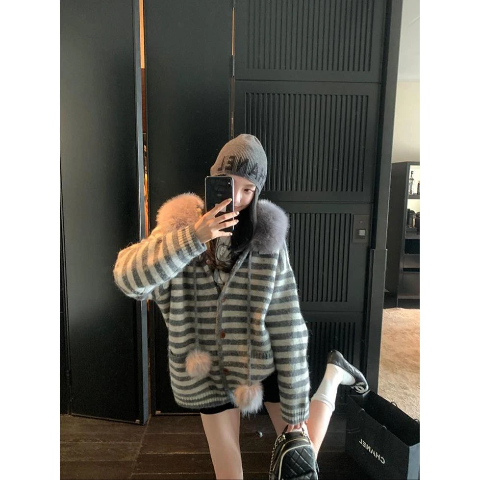 复古慵懒风连帽毛领毛针织衫外套女秋冬新款设计感宽松毛衣开衫