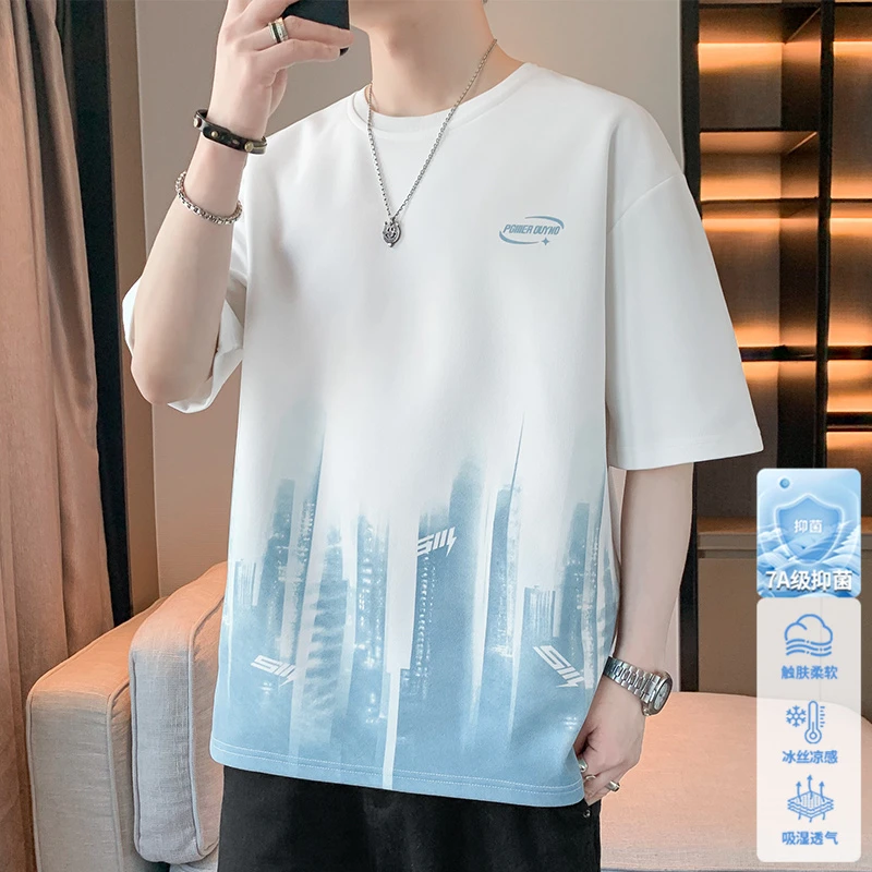 玛斯柏7A抗菌短袖t恤男士夏季薄款冰丝凉感宽松透气美式休闲体恤