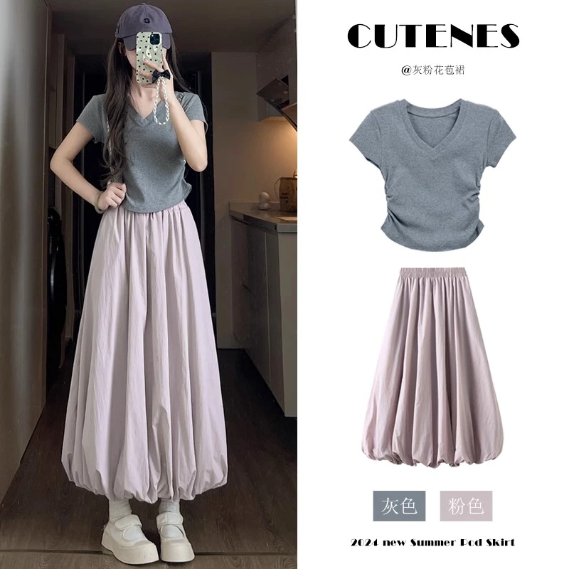 蓬蓬花苞裙女2025春夏新款a字伞裙显瘦时尚高腰中长款系带半身裙