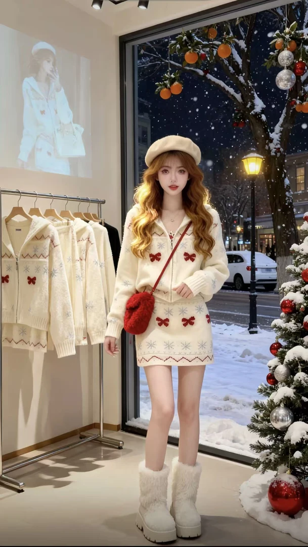 韩系早秋chic白色针织套装女2025新款慵懒风穿搭上衣半身裙两件套