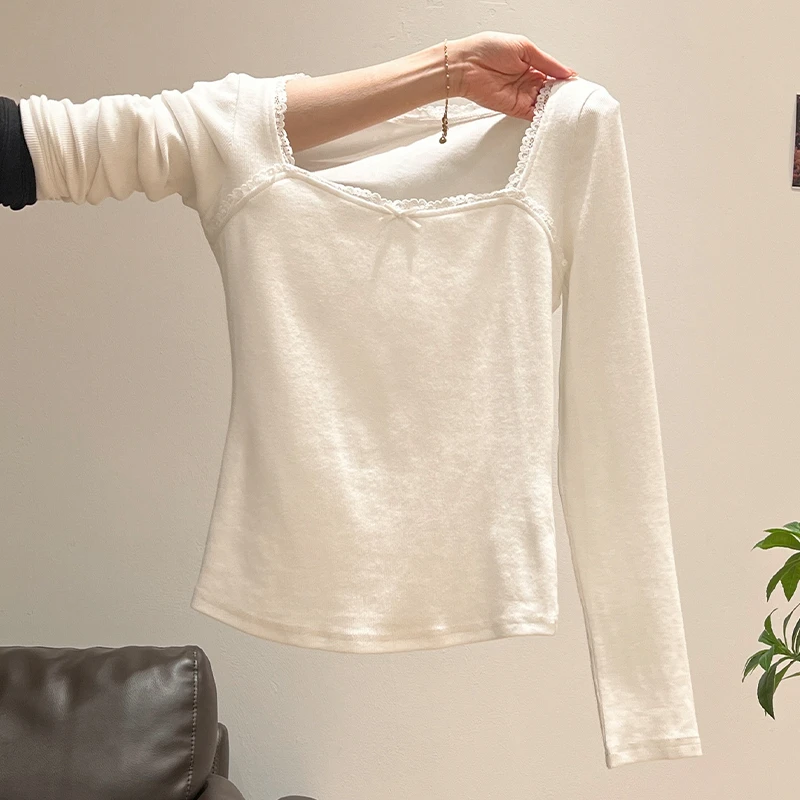 韩系纯欲方领蝴蝶结蕾丝花边长袖T恤女秋冬季甜辣修身内搭打底衫