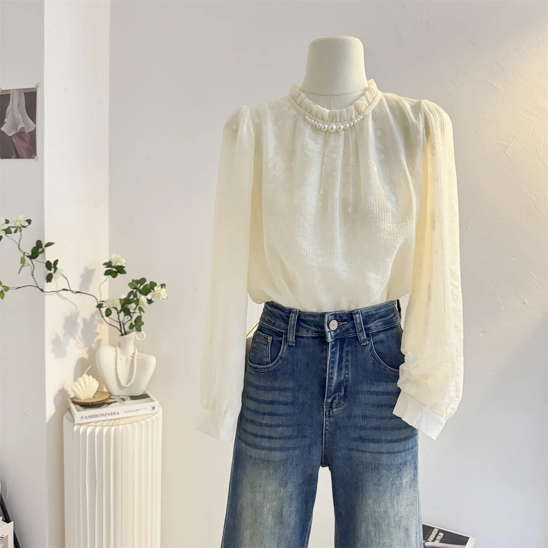 钉珠木耳立领长袖衬衫女2025秋季设计感温柔气质蕾丝雪纺小衫上衣
