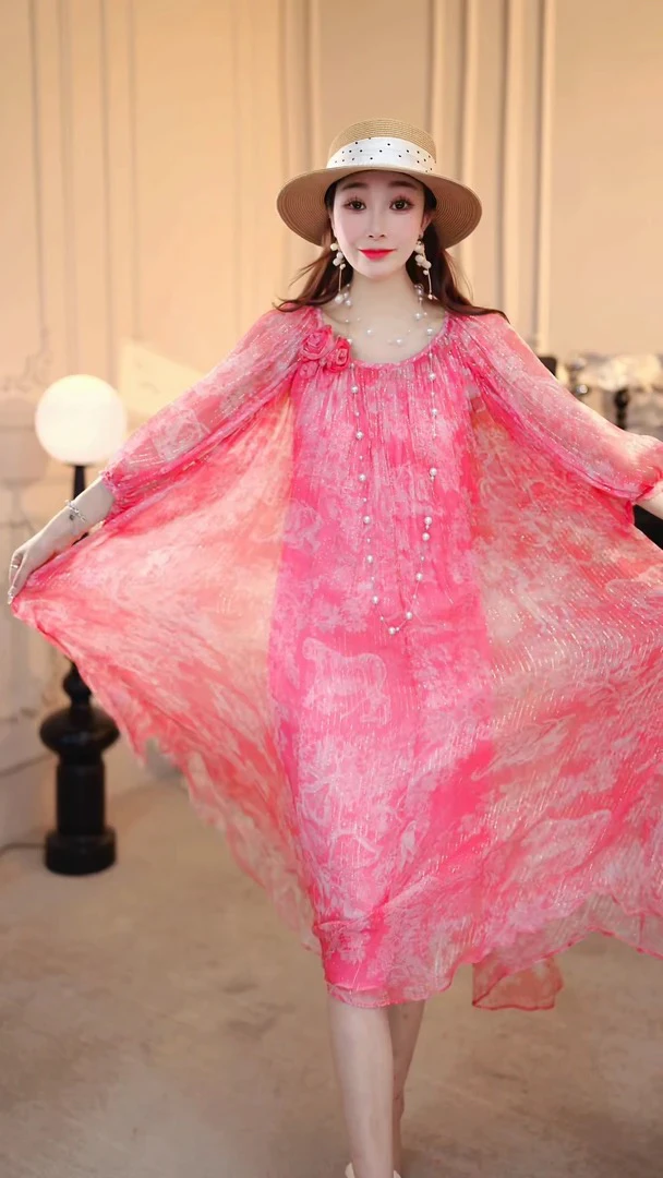 【现货】法式碎花民族风大摆裙宽松腰连衣裙夏季遮肉裙子