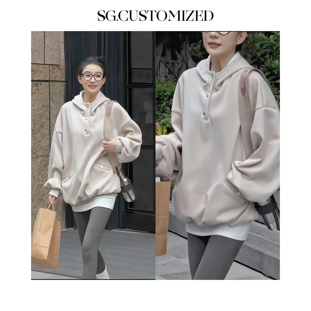 丁雅 美式复古灰色纽扣卫衣女WY-DY20249421