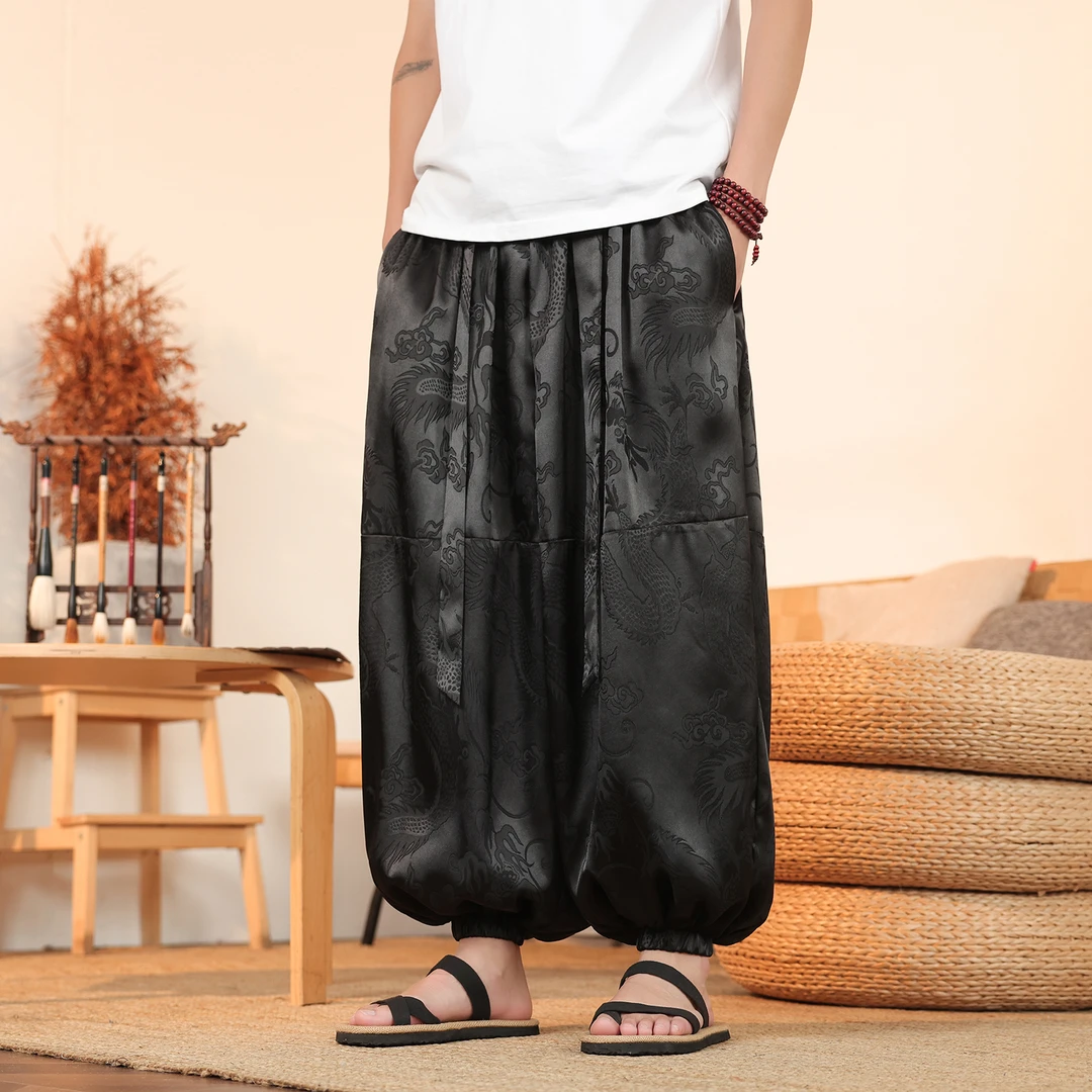 中国风龙纹唐装裤子男士冰丝垂感阔腿灯笼裤夏季轻薄款宽松哈伦裤