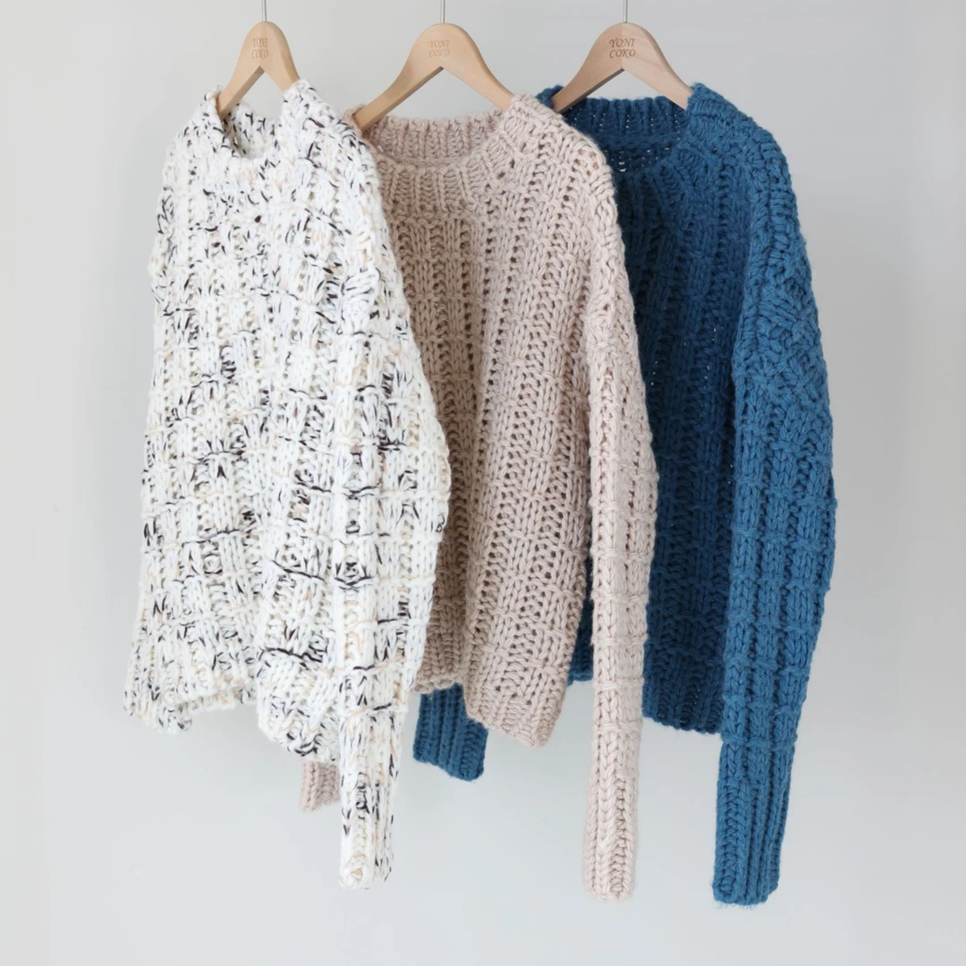 【小方格】粗针圆领套头毛衣