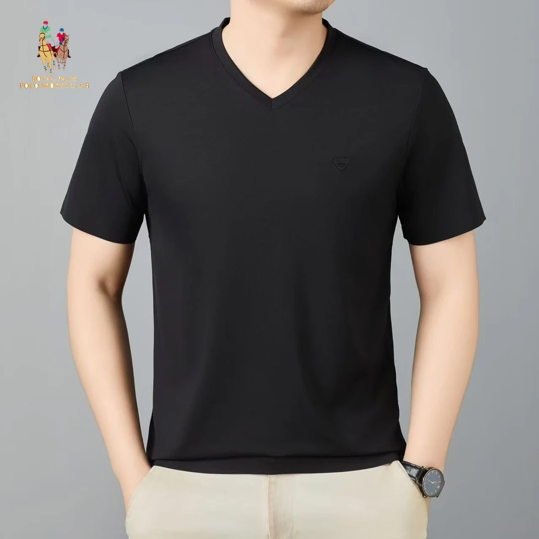 皇家保罗【桑蚕丝+铜氨丝】男士商务休闲短袖T桖凉感透气V领上衣