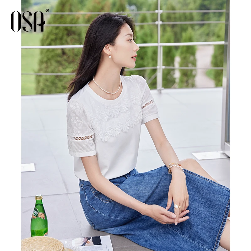OSA夏季新款镂空蕾丝拼接短袖T恤女凉感索罗娜气质上衣S125B11049