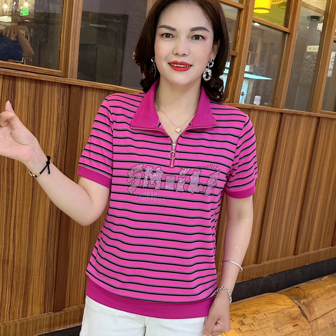 夏季翻领条纹烫钻字母时尚短袖妈妈装拉链设计气质遮肚T恤衫L2528