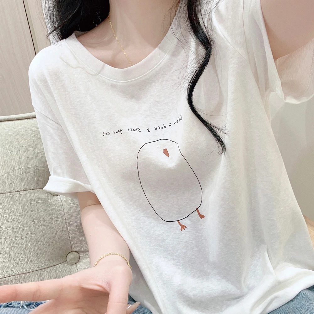 透气舒适雪花棉圆领短袖T恤女夏季薄款简约可爱印花宽松休闲上衣