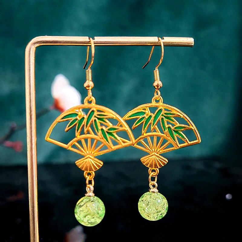 多吉米扇影竹翠复古新中式原创高级感耳环无耳洞耳夹耳饰配汉服