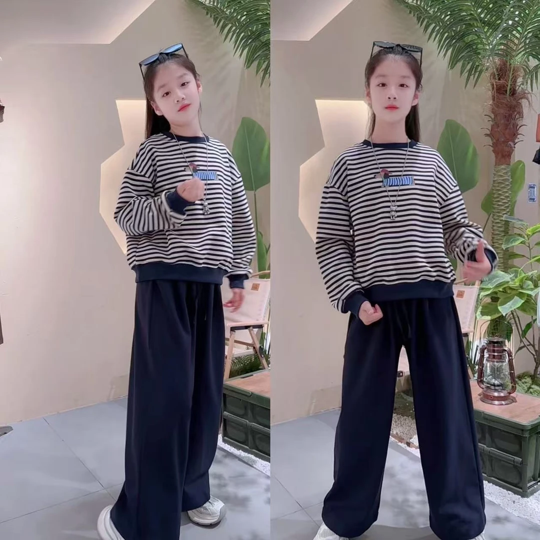 女童春秋款条纹印花卫衣套装2025新款秋装时尚中大童洋气女孩套装