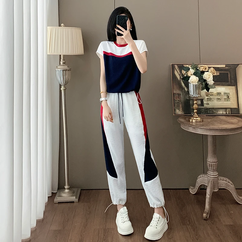 时尚休闲运动套装女夏季宽松撞色薄款短袖阔腿裤拼色减龄两件套