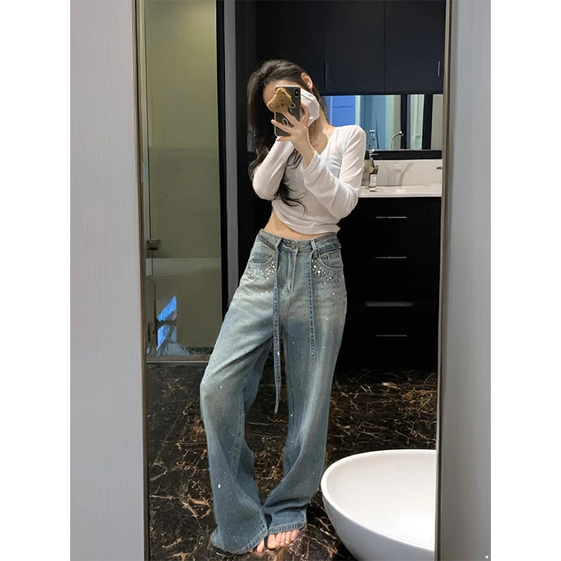 KSKM卡盛蓝色碎钻牛仔裤女2025春季新款美式嵌钻高级感百搭直筒裤