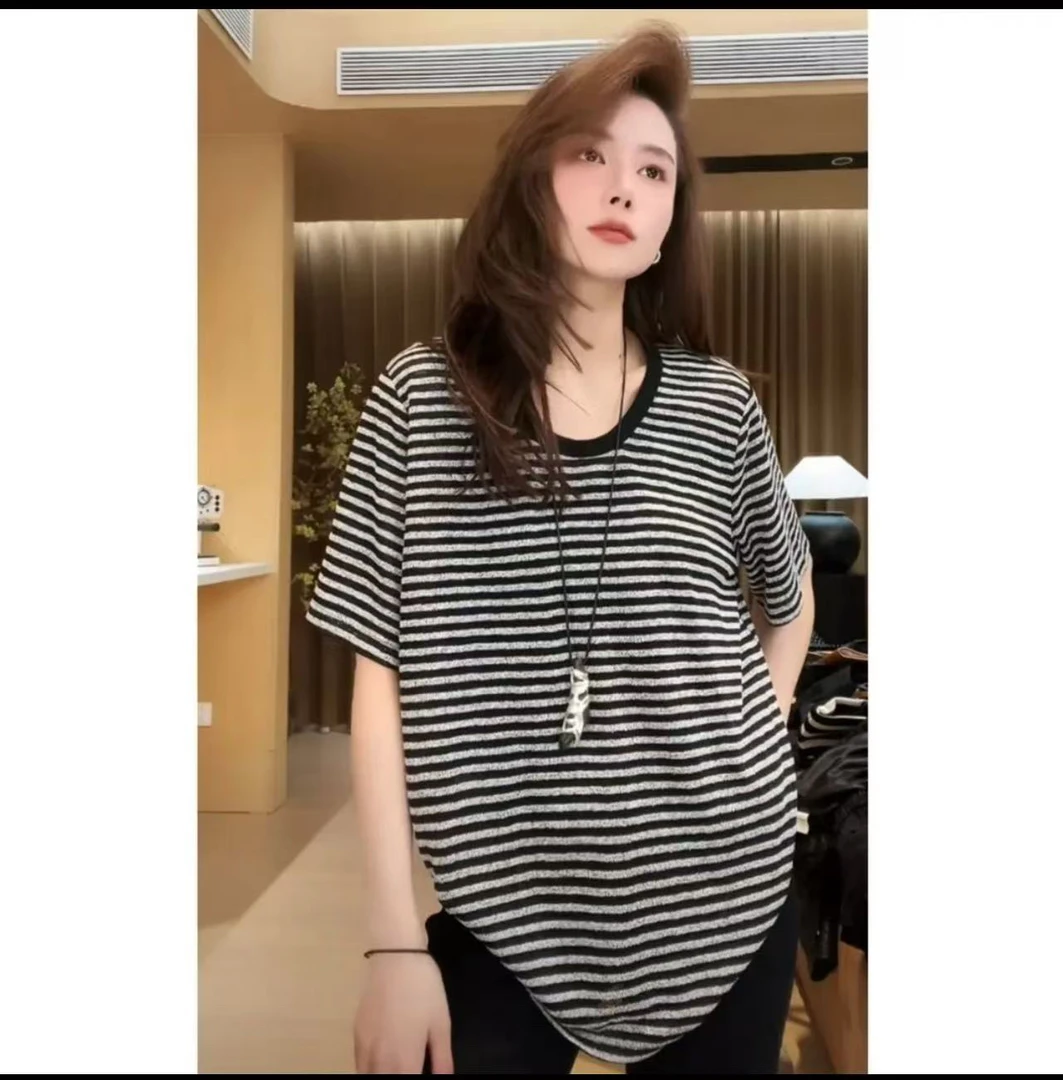 2025新款U领宽松显瘦慵懒风麻纱横条纹短袖T恤女