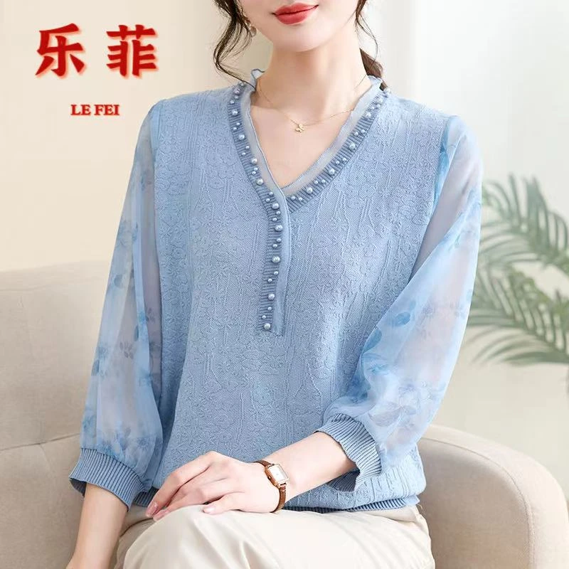 中老年女装妈妈装春夏款七分袖V领时尚上衣针织衫显瘦女士衣