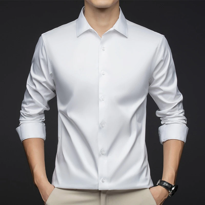 罗蒙男装抗皱耐脏衬衫薄款纯色职业修身无痕短袖白色男士衬衣长袖