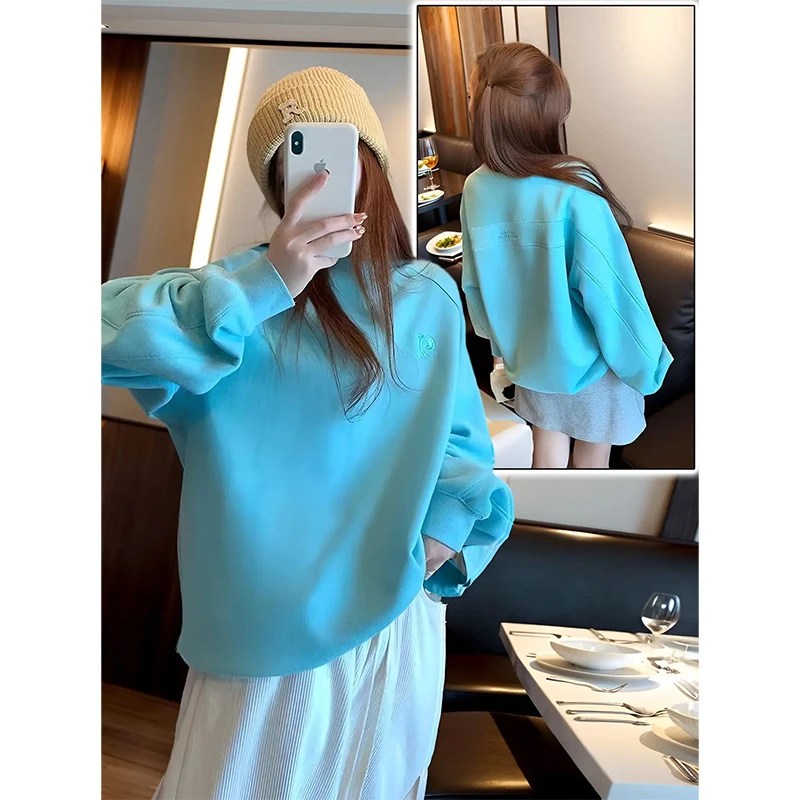 字母刺绣极简懒慵卫衣女浅蓝色插肩袖小清新温柔气质高级感上衣潮