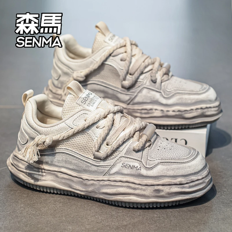 SENMA/森马擦色脏脏鞋男款2025秋季小众厚底增高板鞋休闲面包鞋子